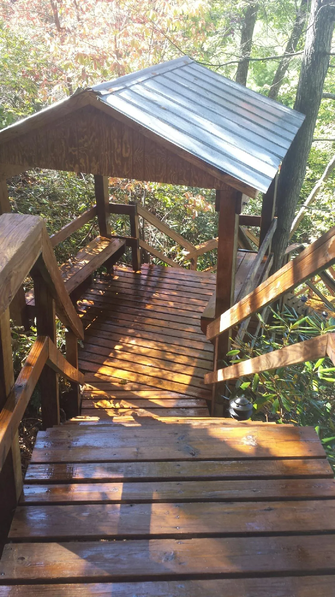 Freshly stained wood walkway and covered shelter with a metal roof in Gold Hill