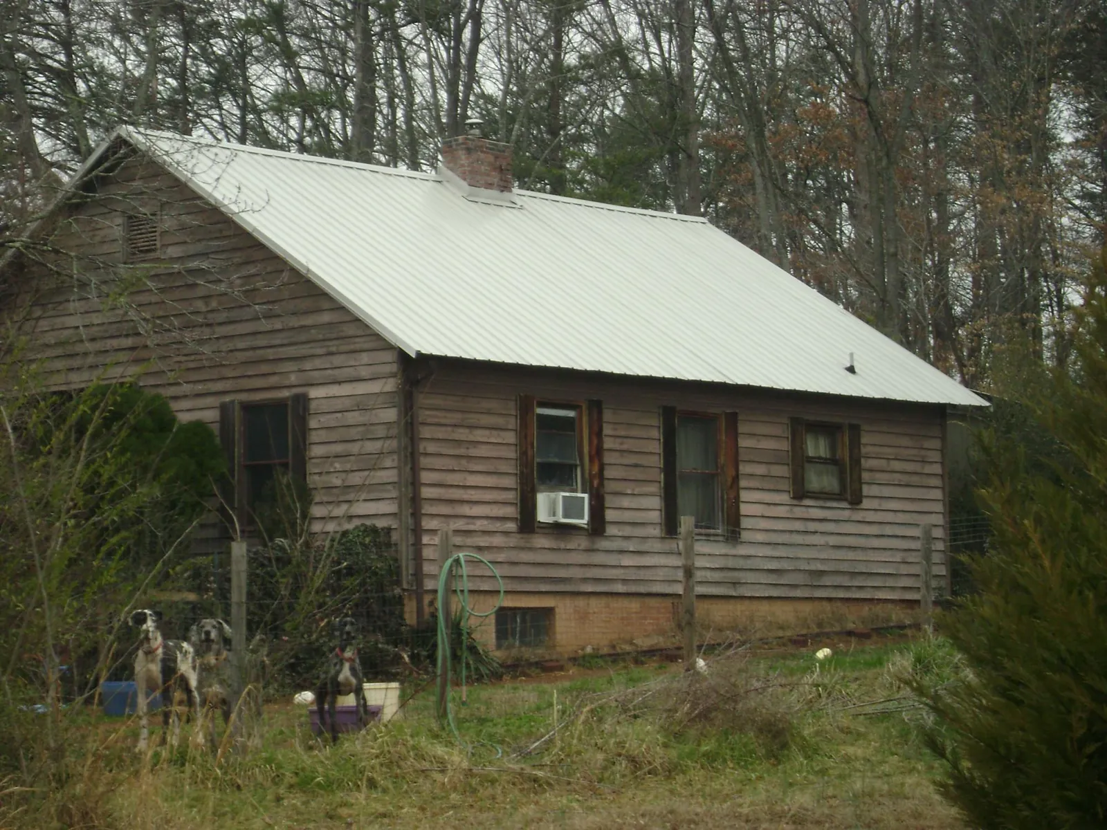 White metal roof on an old wood sided farmhouse, from a Metal Roof Installation job in Gold Hill